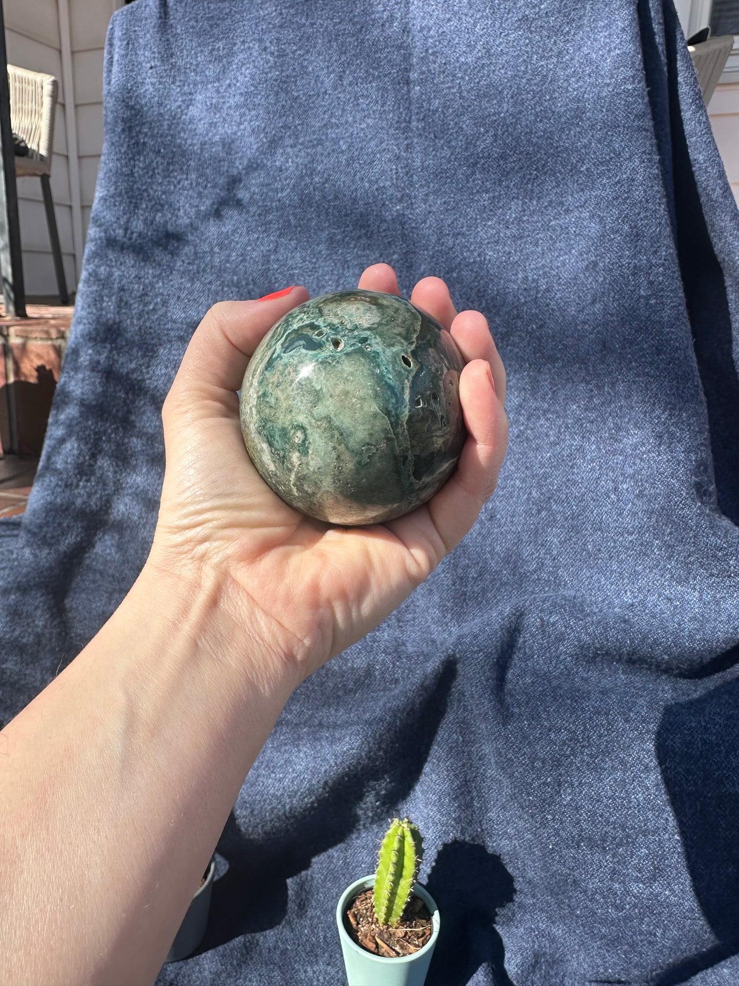 Natural Moss Agate Crystal Sphere – 3" Polished Green Stone for Healing, Meditation & Décor (1.1 lbs))