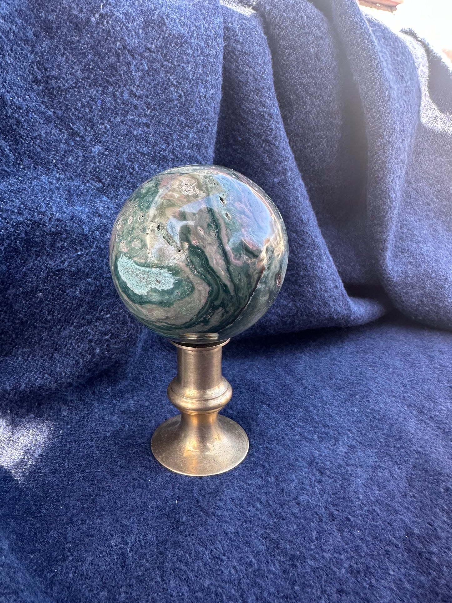 Natural Moss Agate Crystal Sphere – 3" Polished Green Stone for Healing, Meditation & Décor (1.1 lbs))